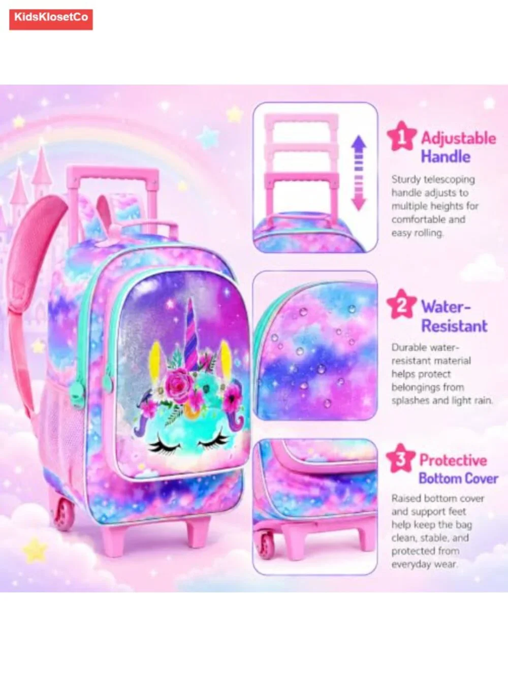 Kids Rolling Backpack with Lunch Bag and Pencil Case, Wheeled Bookbag, Water
